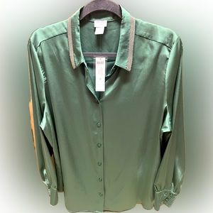 Chicos Satin Collar solid Ballchain shirt ~ beautiful Iced Jade color w/tags
